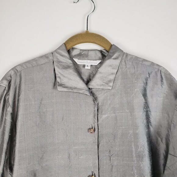 Connie Roberson Button Up Top Silver Dupioni Silk Long Sleeve Blouse Size Large - Picture 3 of 8